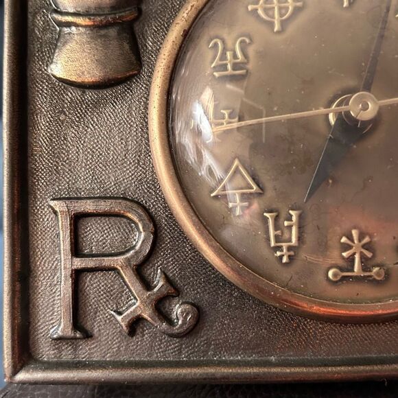 Vintage 1960s KLEIN Desk Clock Pharmacy RX Alchemy Symbols Brass w Dome Glass - Picture 4 of 10